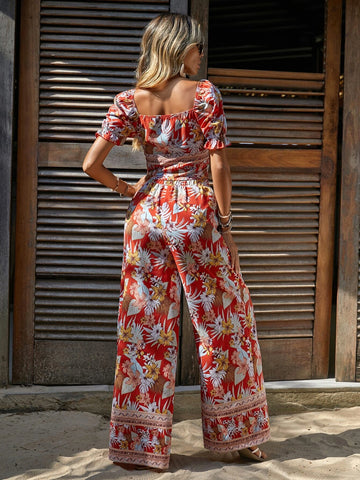 EMERY ROSE Tropical Print Ruffle Trim Top & Wide Leg Pants