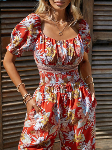 EMERY ROSE Tropical Print Ruffle Trim Top & Wide Leg Pants