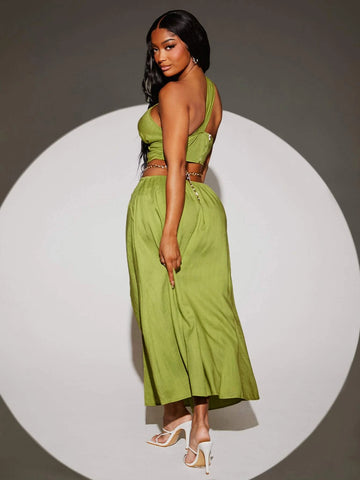 One Shoulder Cut Out Crop Top & Split Thigh Skirt