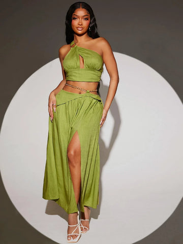 One Shoulder Cut Out Crop Top & Split Thigh Skirt