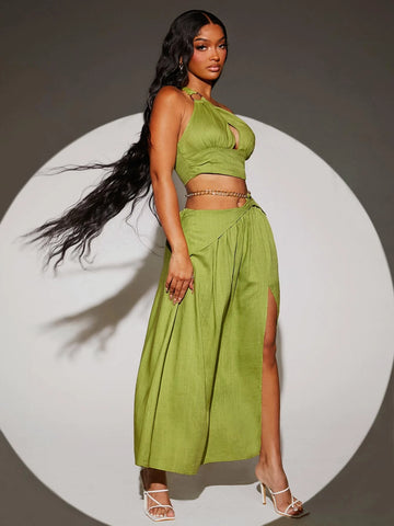 One Shoulder Cut Out Crop Top & Split Thigh Skirt