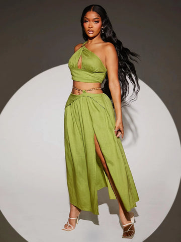 One Shoulder Cut Out Crop Top & Split Thigh Skirt