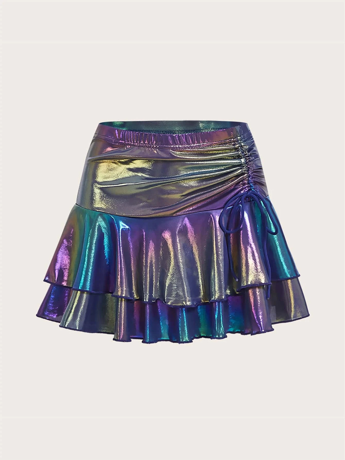 ICON Rave Holographic Ruched Ruffle Hem Metallic Skirt