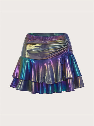 ICON Rave Holographic Ruched Ruffle Hem Metallic Skirt