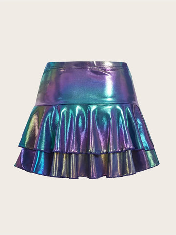 ICON Rave Holographic Ruched Ruffle Hem Metallic Skirt