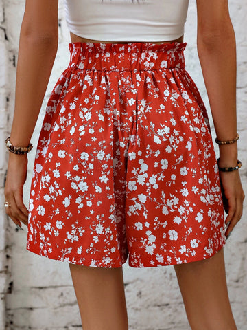 Ditsy Floral Print Paperbag Waist Tie Front Wide Leg Shorts