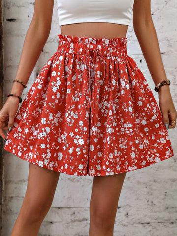 Ditsy Floral Print Paperbag Waist Tie Front Wide Leg Shorts