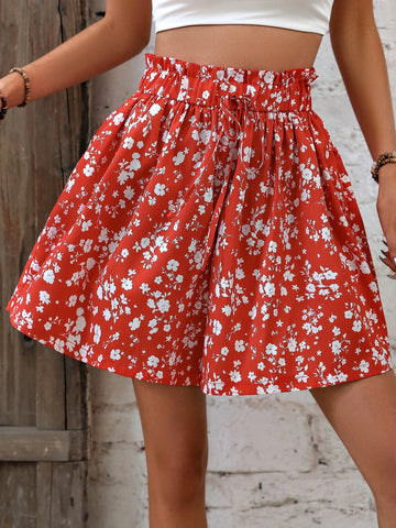 Ditsy Floral Print Paperbag Waist Tie Front Wide Leg Shorts