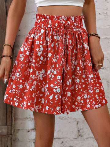 Ditsy Floral Print Paperbag Waist Tie Front Wide Leg Shorts