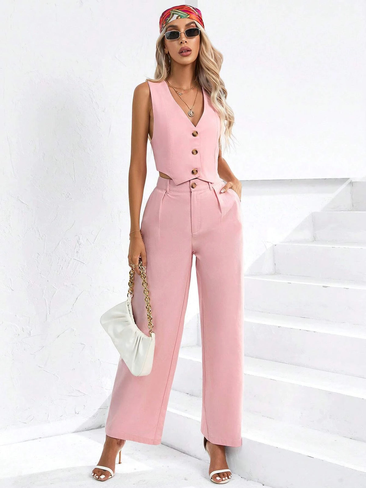 Criss Cross Back Vest Jacket With Straight Leg Pants