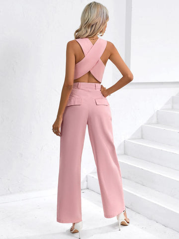 Criss Cross Back Vest Jacket With Straight Leg Pants
