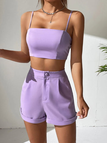 Solid Crop Cami Top & Roll Up Hem Shorts