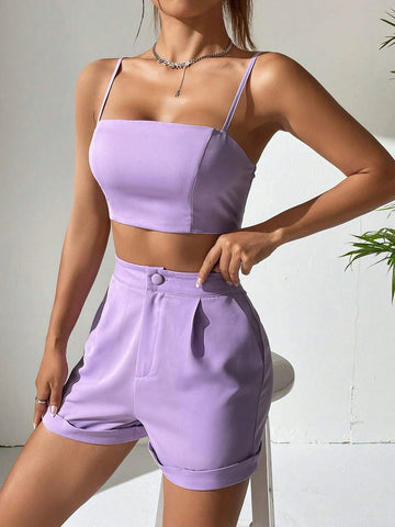 Solid Crop Cami Top & Roll Up Hem Shorts