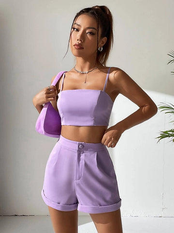 Solid Crop Cami Top & Roll Up Hem Shorts