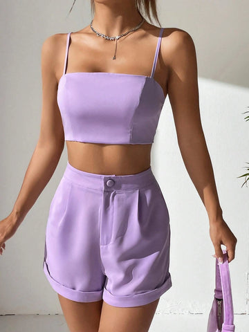 Solid Crop Cami Top & Roll Up Hem Shorts