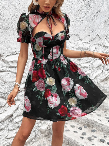 Floral Print Cut Out Tie Neck Puff Sleeve Dress
