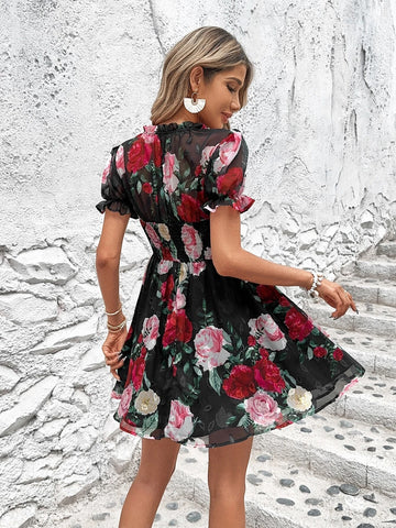 Floral Print Cut Out Tie Neck Puff Sleeve Dress