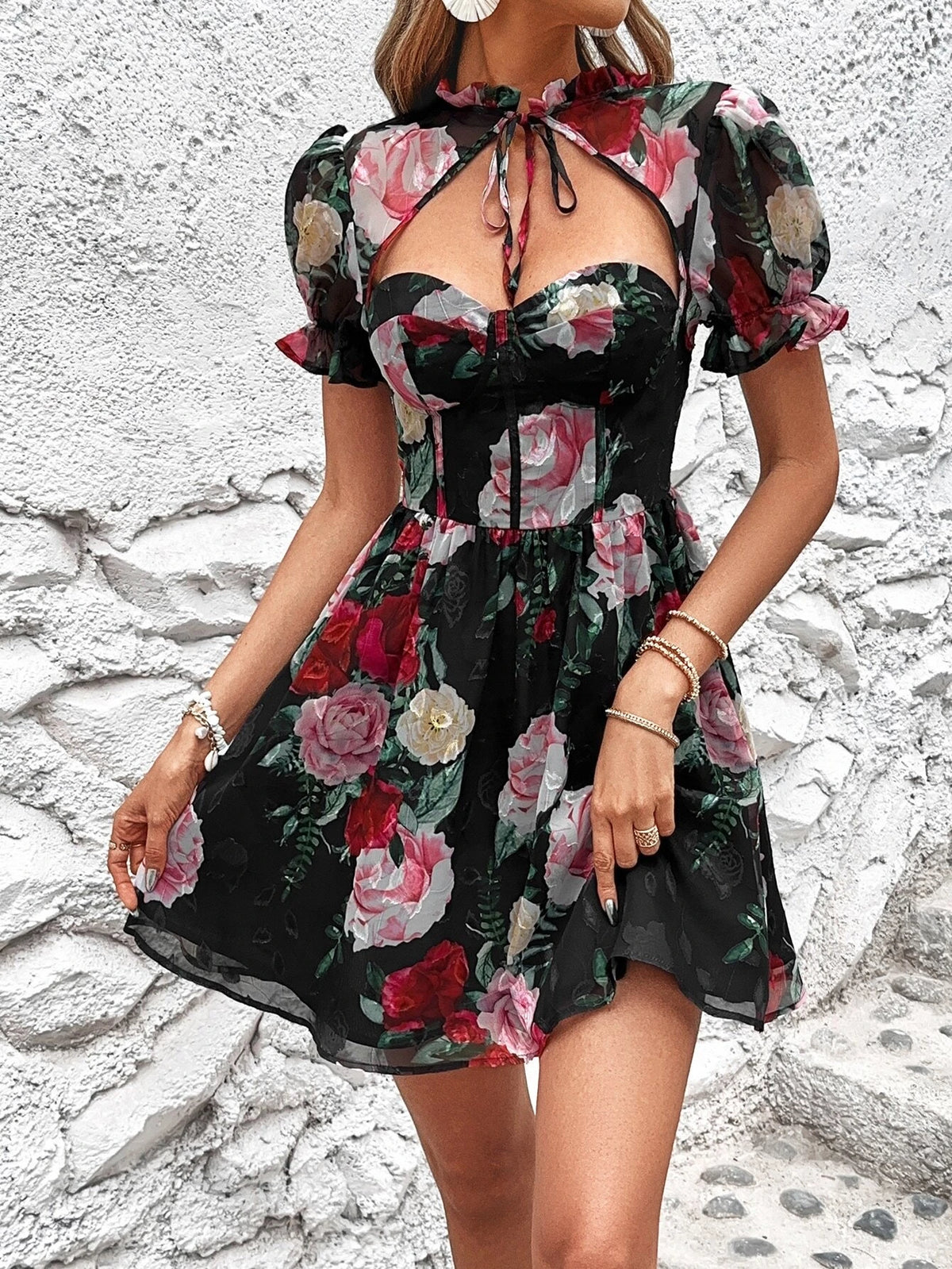 Floral Print Cut Out Tie Neck Puff Sleeve Dress