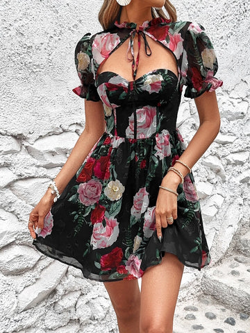 Floral Print Cut Out Tie Neck Puff Sleeve Dress