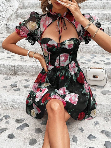 Floral Print Cut Out Tie Neck Puff Sleeve Dress