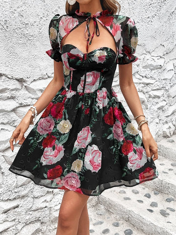 Floral Print Cut Out Tie Neck Puff Sleeve Dress