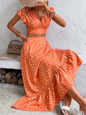 Polka Dot Print Butterfly Sleeve Crop Top & Ruffle Hem Skirt