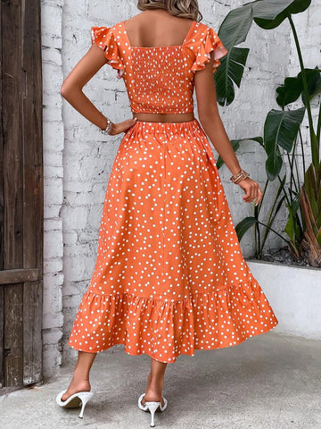 Polka Dot Print Butterfly Sleeve Crop Top & Ruffle Hem Skirt