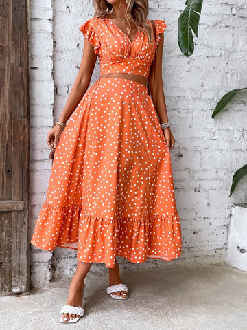 Polka Dot Print Butterfly Sleeve Crop Top & Ruffle Hem Skirt