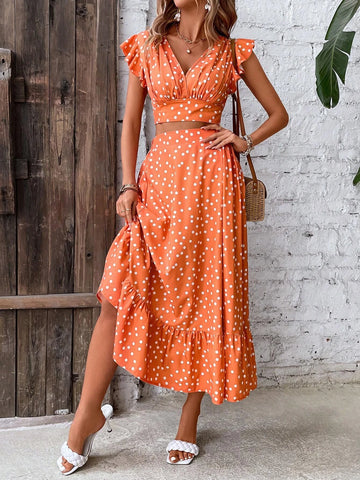 Polka Dot Print Butterfly Sleeve Crop Top & Ruffle Hem Skirt
