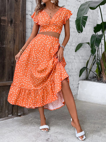Polka Dot Print Butterfly Sleeve Crop Top & Ruffle Hem Skirt