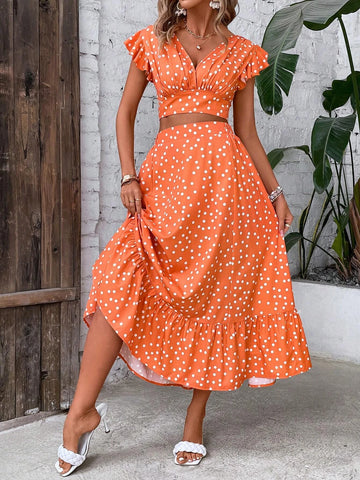 Polka Dot Print Butterfly Sleeve Crop Top & Ruffle Hem Skirt