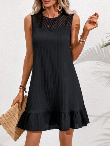 Solid Contrast Mesh Ruffle Hem Dress