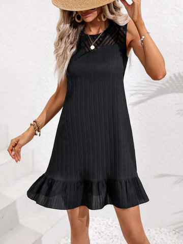 Solid Contrast Mesh Ruffle Hem Dress