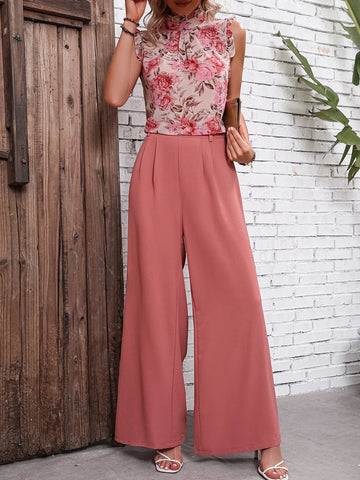 Floral Print Frill Trim Blouse & Wide Leg Pants