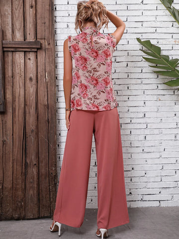 Floral Print Frill Trim Blouse & Wide Leg Pants