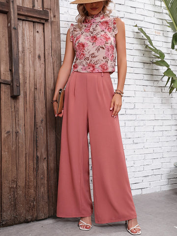 Floral Print Frill Trim Blouse & Wide Leg Pants