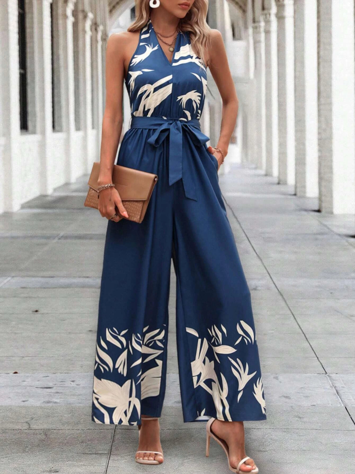 Plants Print Belted Halter Neck Backless Wide Leg Jumpsuit