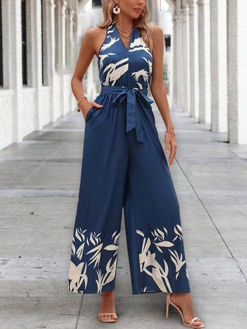 Plants Print Belted Halter Neck Backless Wide Leg Jumpsuit