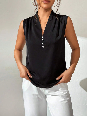 Solid Button Detail Sleeveless Blouse
