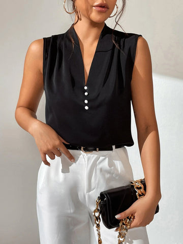 Solid Button Detail Sleeveless Blouse