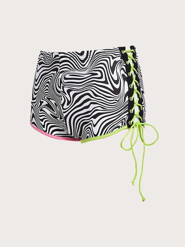 ICON Rave Marble Print Lace Up Side Contrast Binding Shorts
