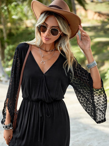 EMERY ROSE Slant Pocket Ruffle Hem Belted Wide Leg Jumpsuit