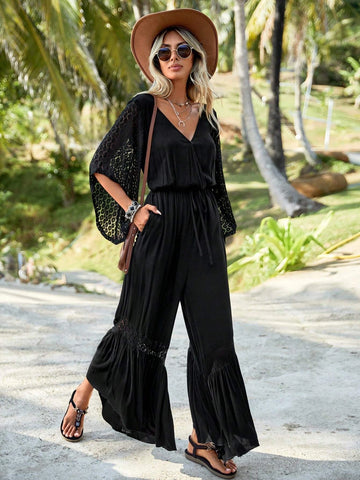 EMERY ROSE Slant Pocket Ruffle Hem Belted Wide Leg Jumpsuit