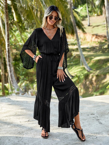 EMERY ROSE Slant Pocket Ruffle Hem Belted Wide Leg Jumpsuit