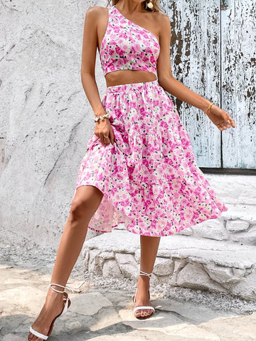 Allover Floral Print One Shoulder Crop Top & Ruffle Hem Skirt