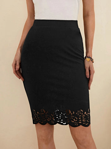 EMERY ROSE Laser Cut Scallop Trim Bodycon Skirt