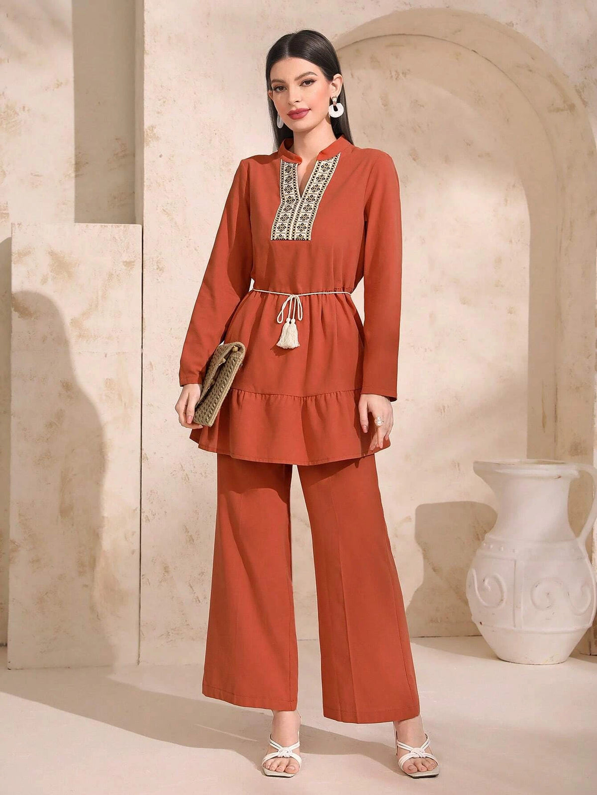 Contrast Tape Ruffle Hem Belted Blouse & Wide Leg Pants