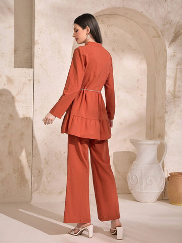 Contrast Tape Ruffle Hem Belted Blouse & Wide Leg Pants