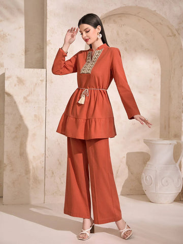 Contrast Tape Ruffle Hem Belted Blouse & Wide Leg Pants