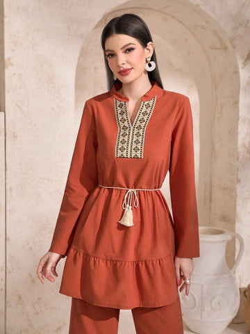 Contrast Tape Ruffle Hem Belted Blouse & Wide Leg Pants